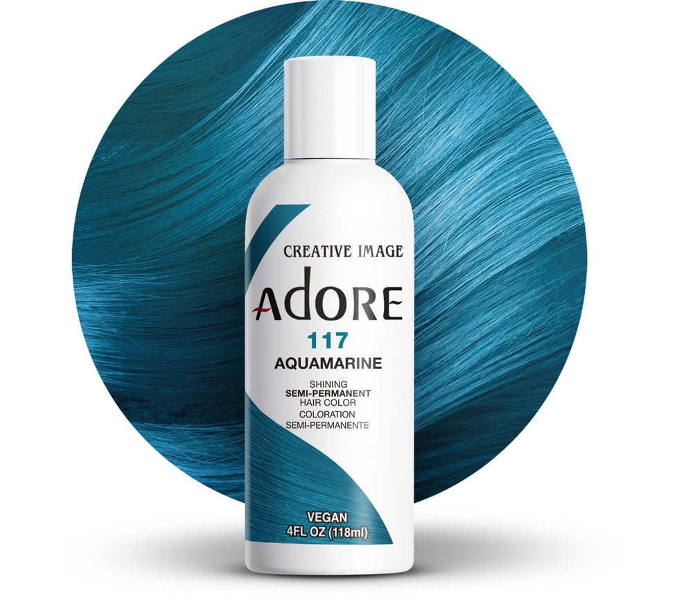 Adore 117 Aquamarine, coloración semipermanente; imagen de la botella para uso en casa.