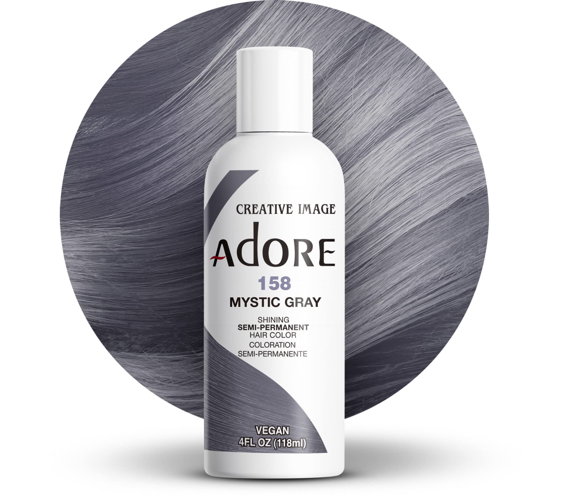 Adore Mystic Gris: botella de tinte semipermanente para uso doméstico con acabado vibrante.