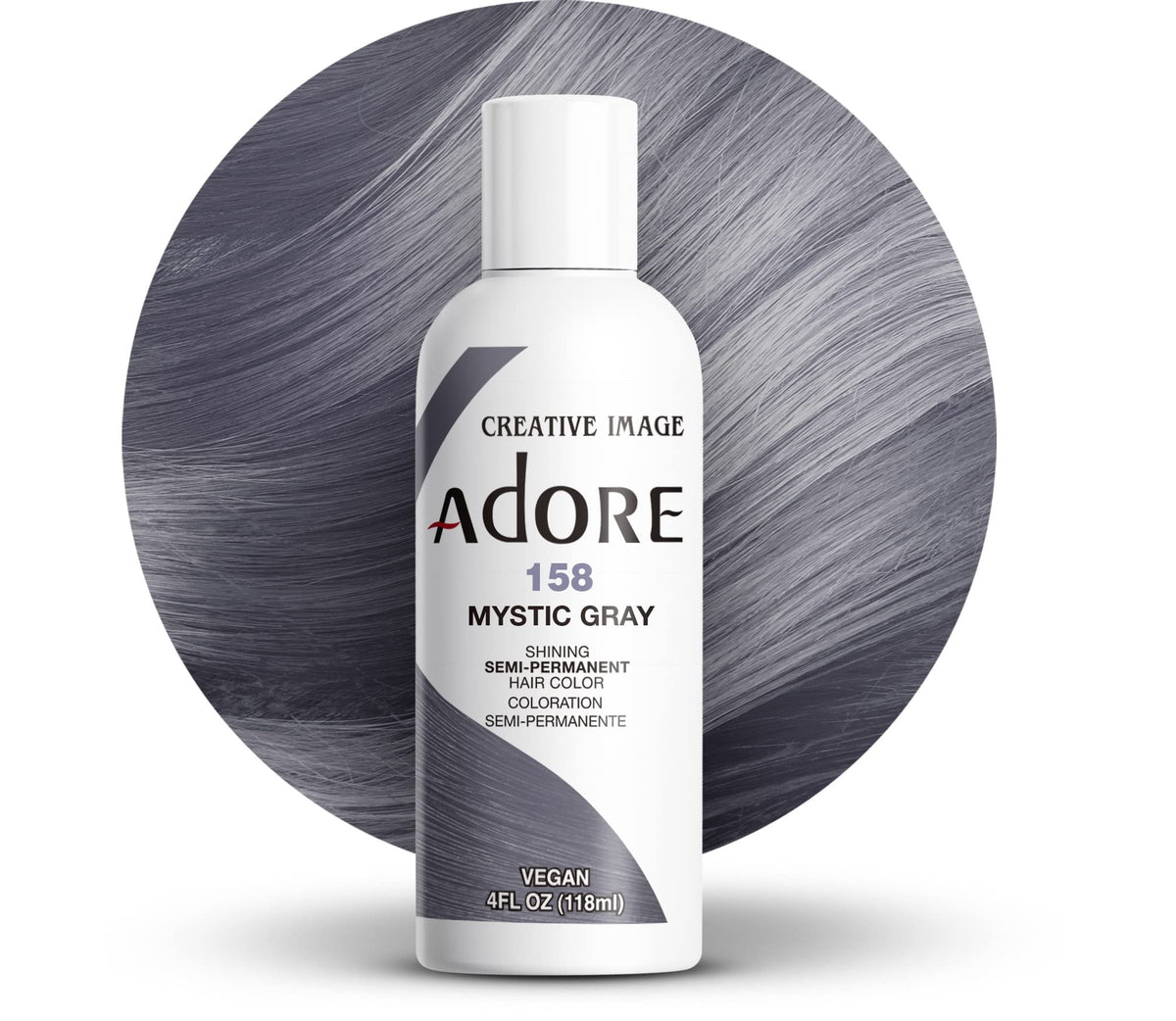 Adore Mystic Gris: botella de tinte semipermanente para uso doméstico con acabado vibrante.