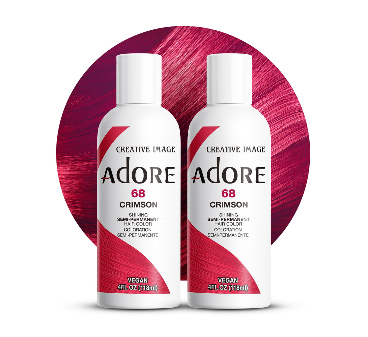 La botella de Adore 068 Carmesí muestra color intenso para uso doméstico.
