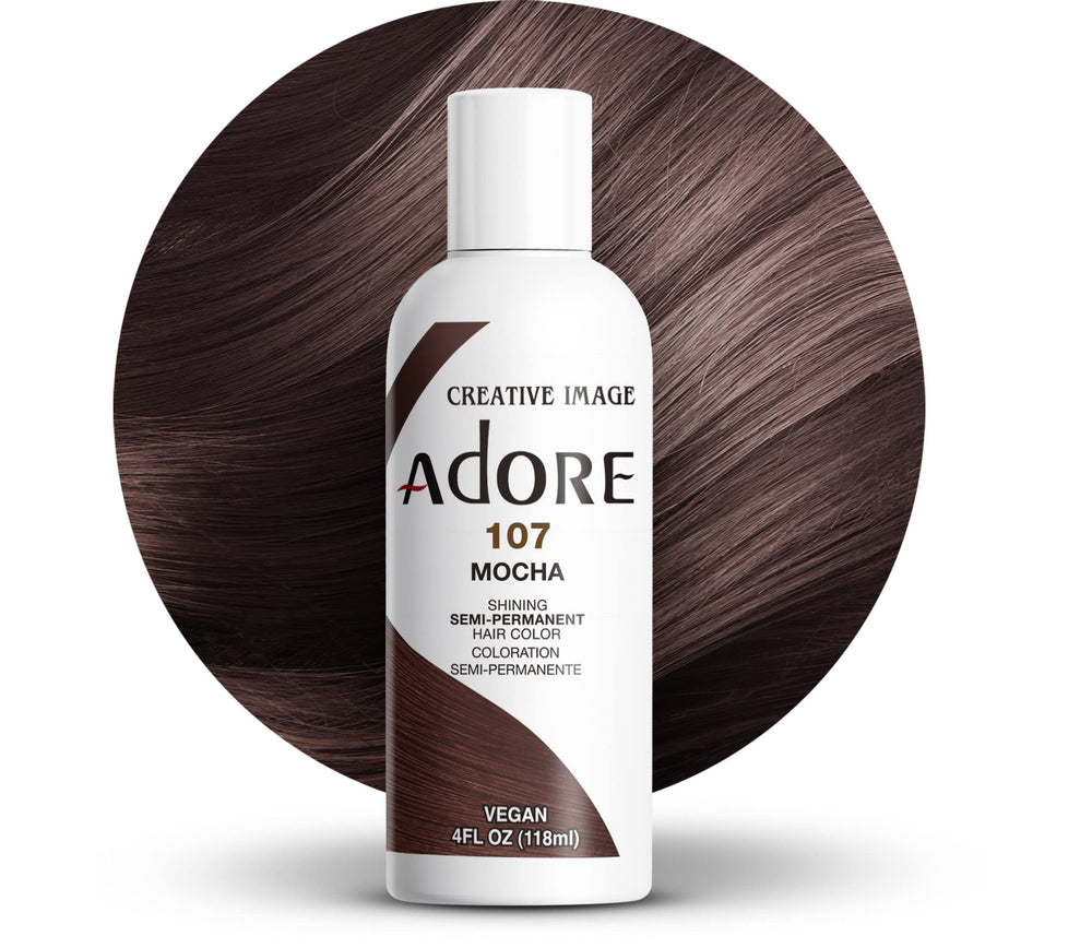 Adore 107 Mocha en botella para color castaño intenso y duradero.