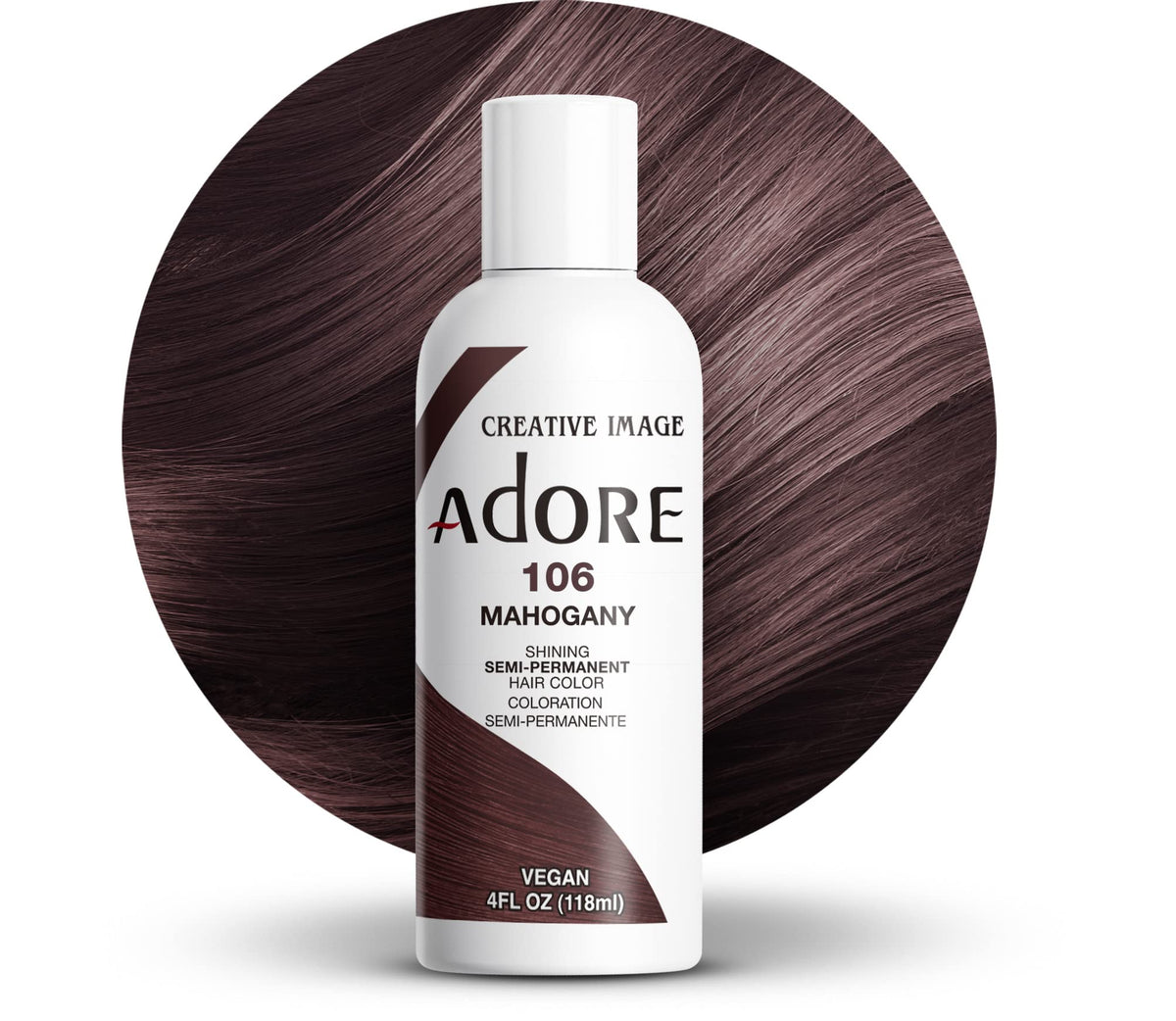 Adore 106 Mahogany: botella lista para aplicar, color intenso y duradero.