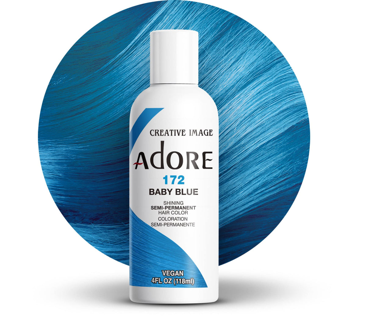 Adore tintura semipermanente azul bebé, foco en bote, color intenso y duradero.
