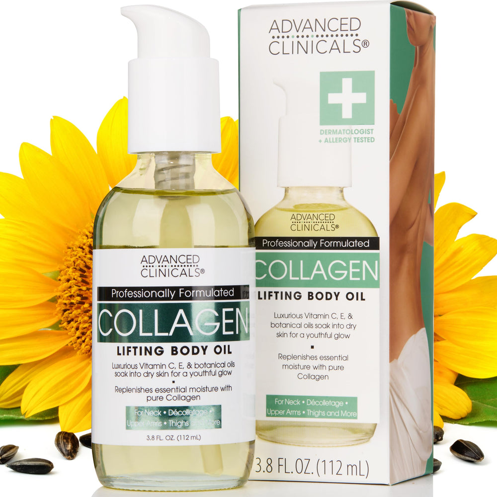 Advanced Clinicals Aceite de Colágeno para el cuerpo, vertido desde la botella, hidrata y aporta brillo