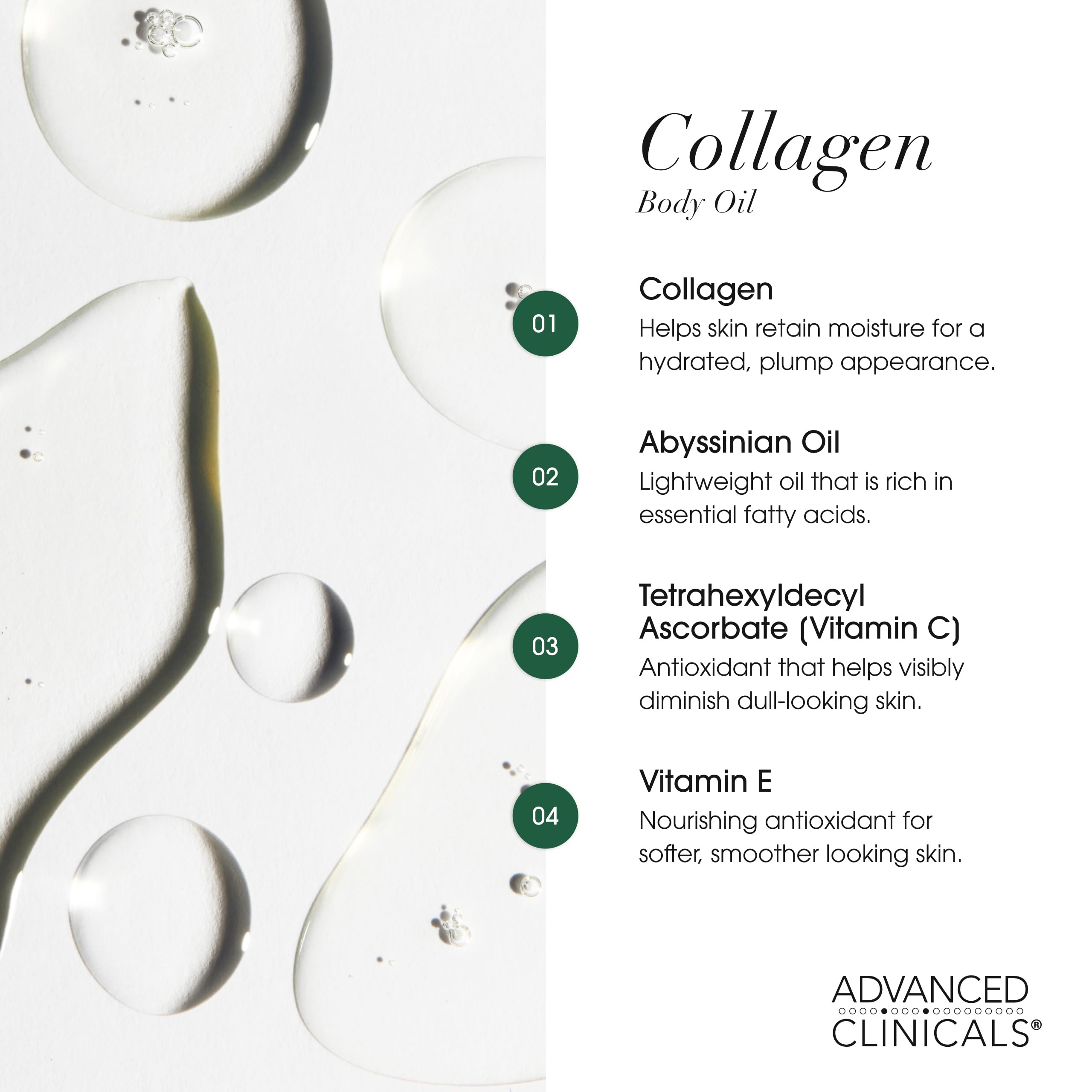 Advanced Clinicals Aceite de Colágeno, textura ligera; piel suave y luminosa.