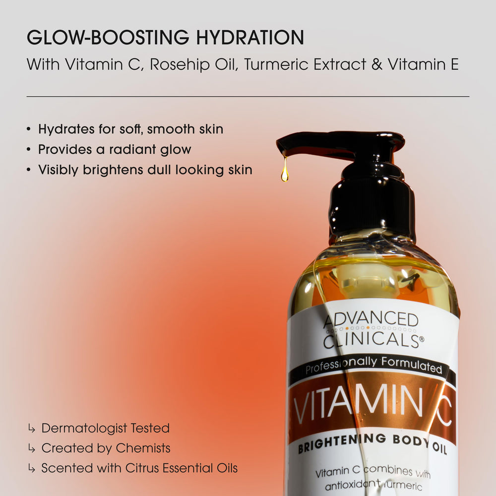 Advanced Clinicals Aceite corporal Vitamina E Rosa Mosqueta, botella, suaviza piel