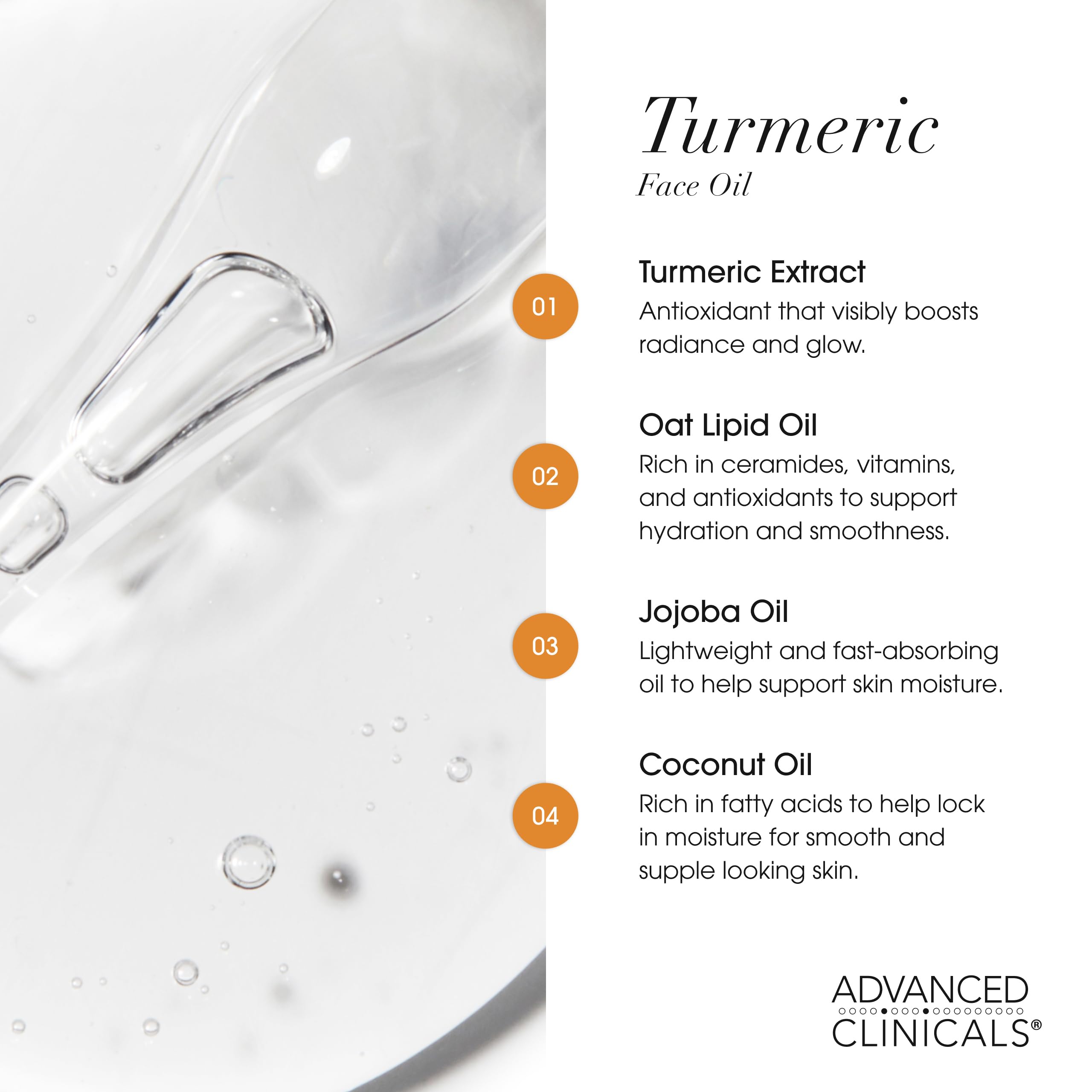 Advanced Clinicals aceite curcuma textura ligera, se absorbe rápidamente.