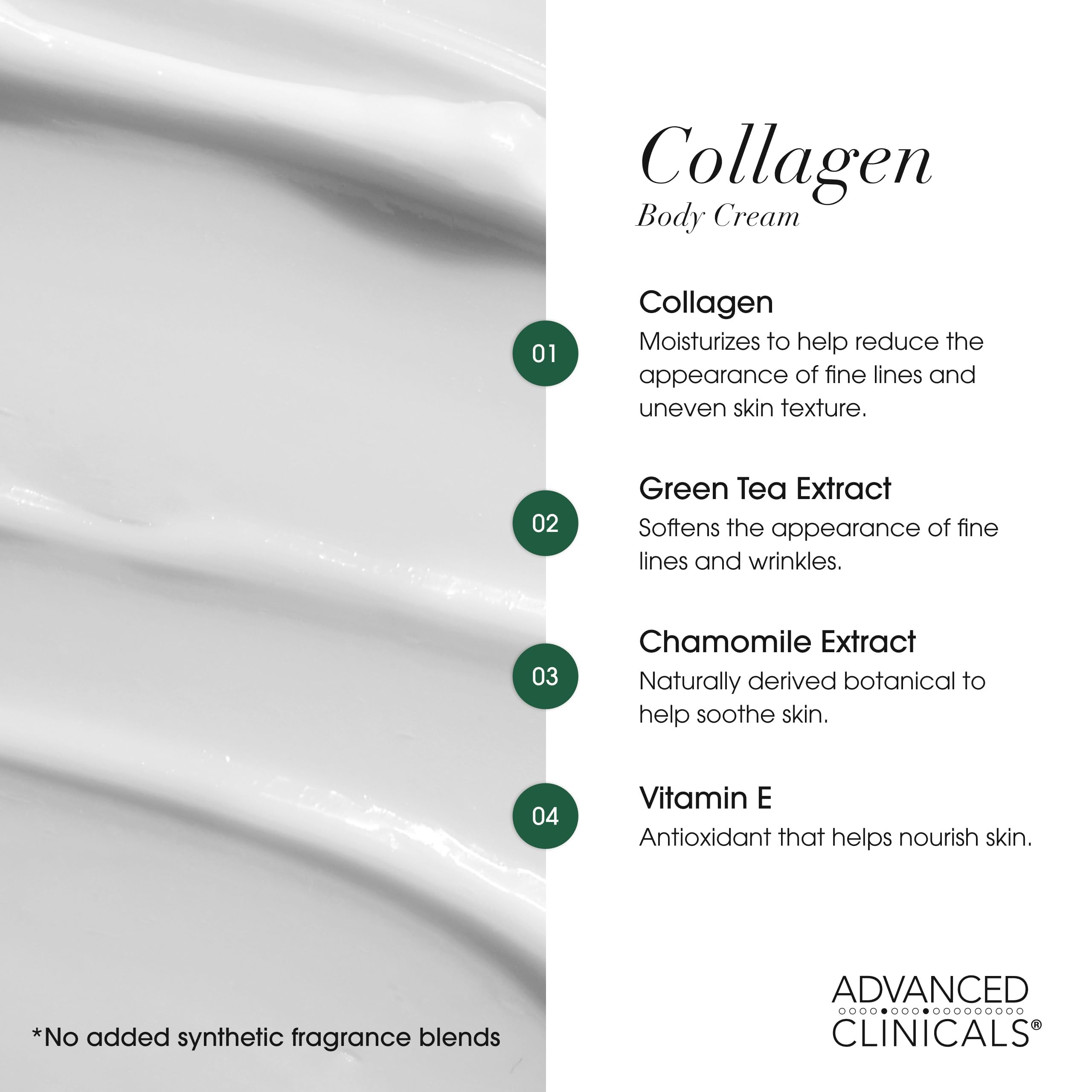 Inserto de té verde y vitamina E en Advanced Clinicals Collagen Cream para piel renovada.