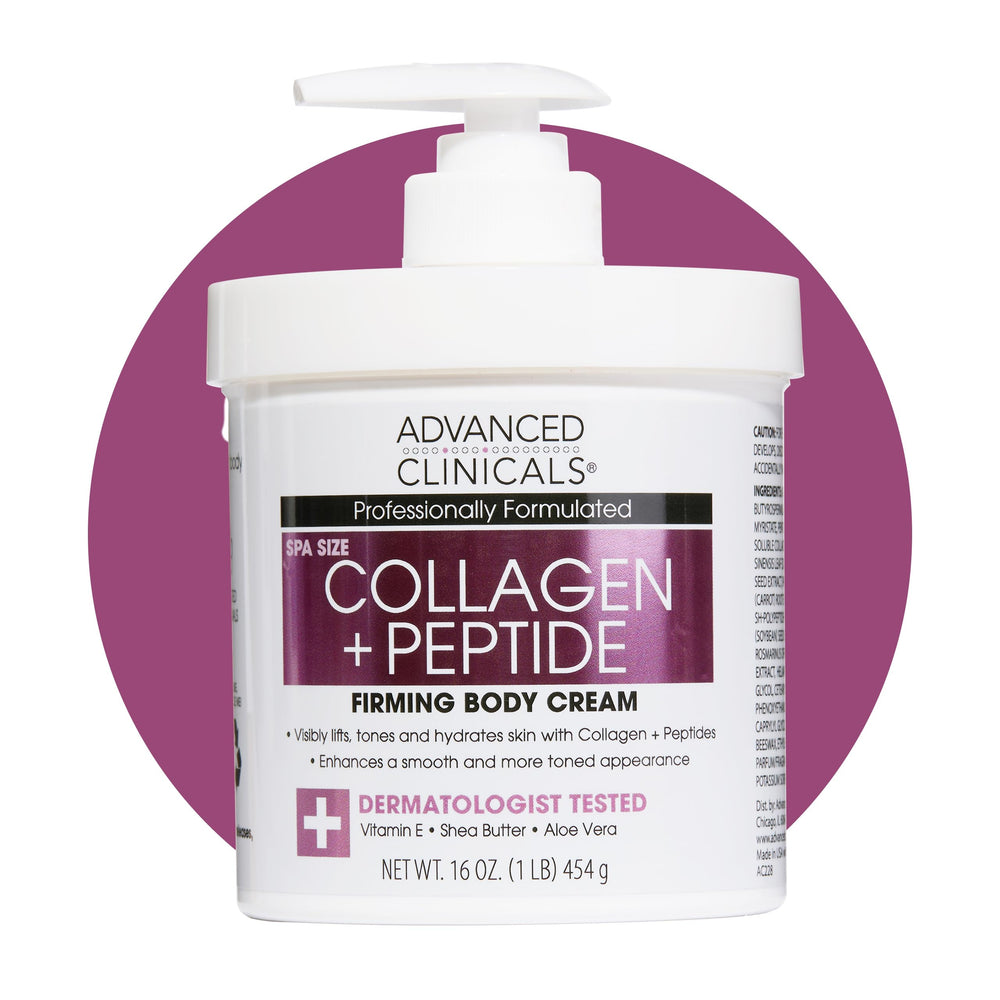 Advanced Clinicals Collagen Peptides, botella visible, hidrata la piel del cuerpo.