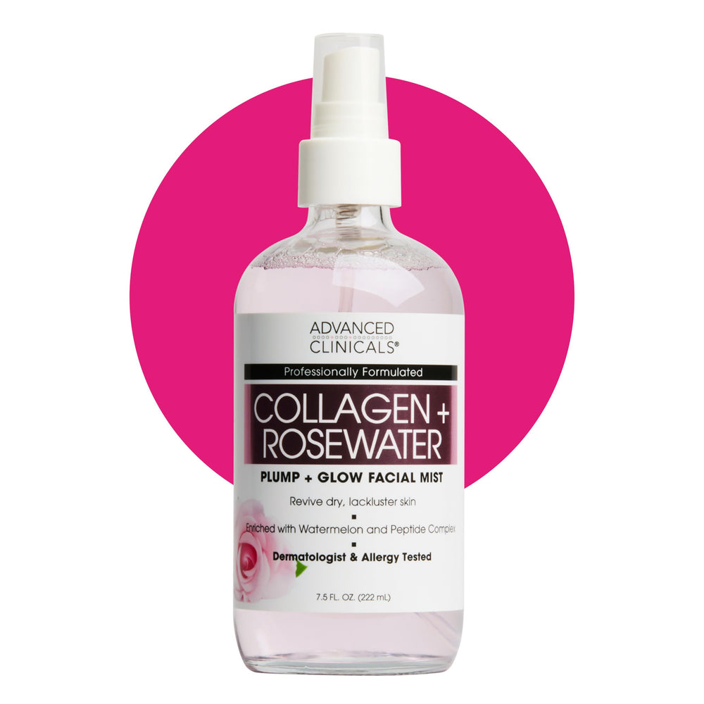 Advanced Clinicals Collagen Rosewater Face Mist bottle: intense hydration and refreshing glow.