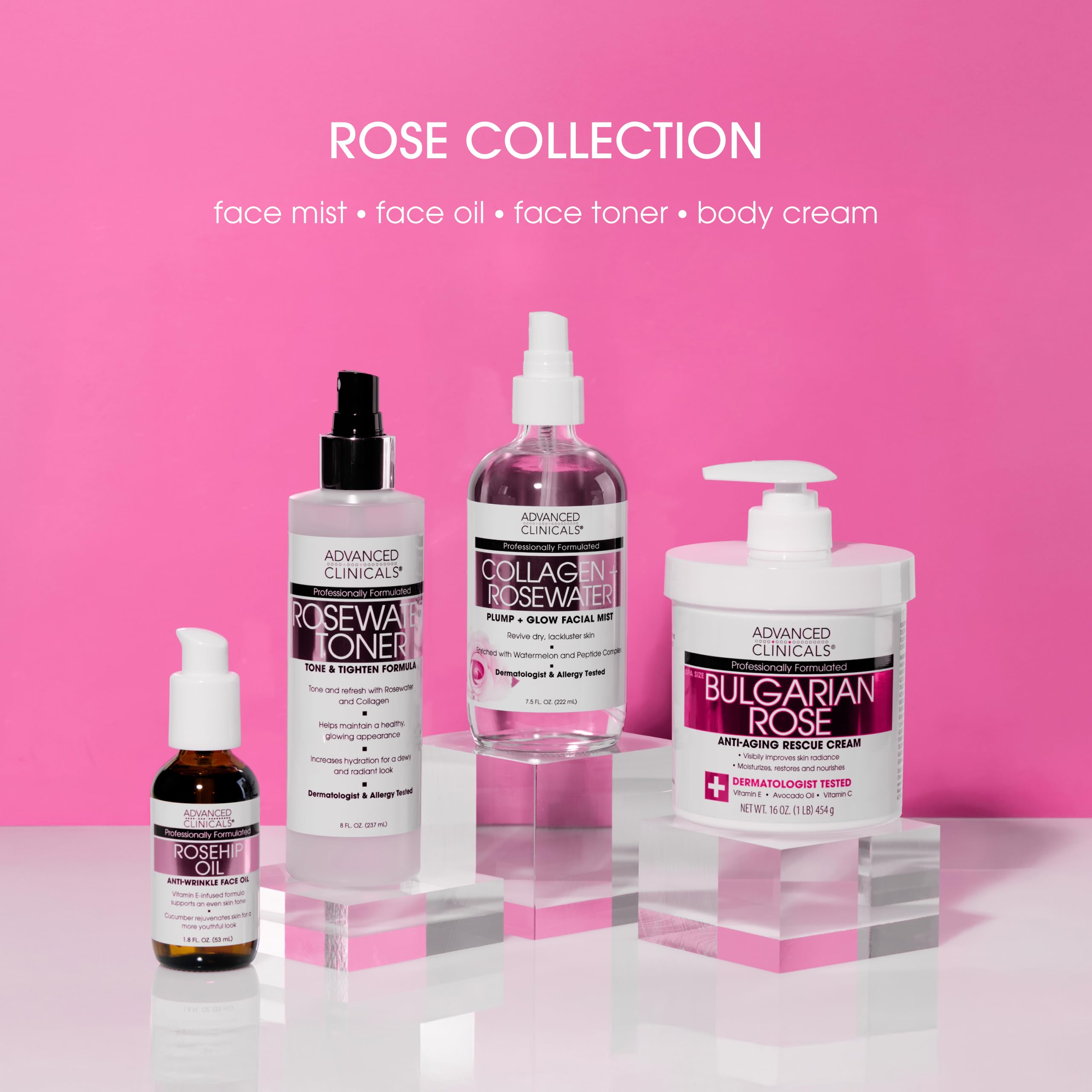Advanced Clinicals Collagen Rosewater Face Mist on skin sample showing refreshed texture.