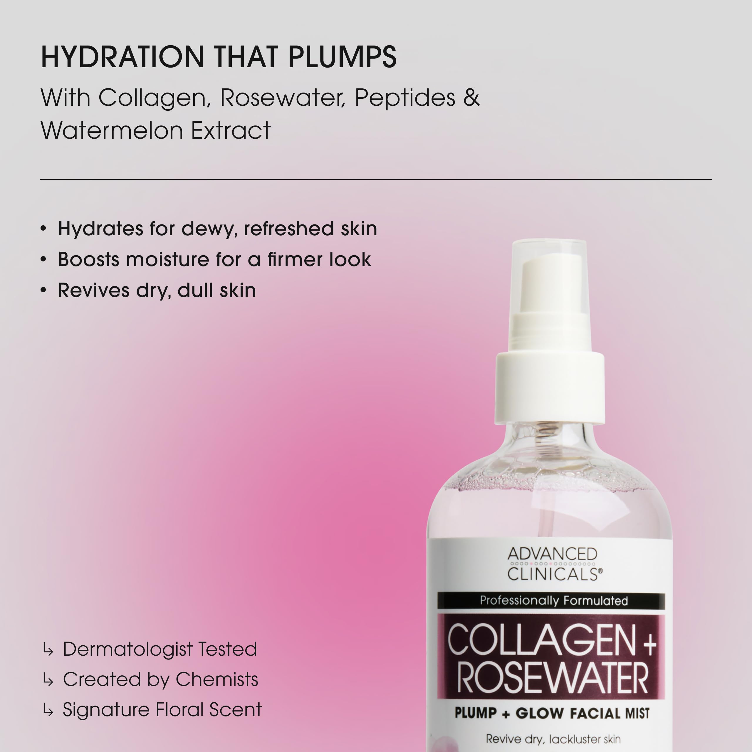 Advanced Clinicals Collagen Rosewater Face Mist spray application: quick skin pick-me-up.