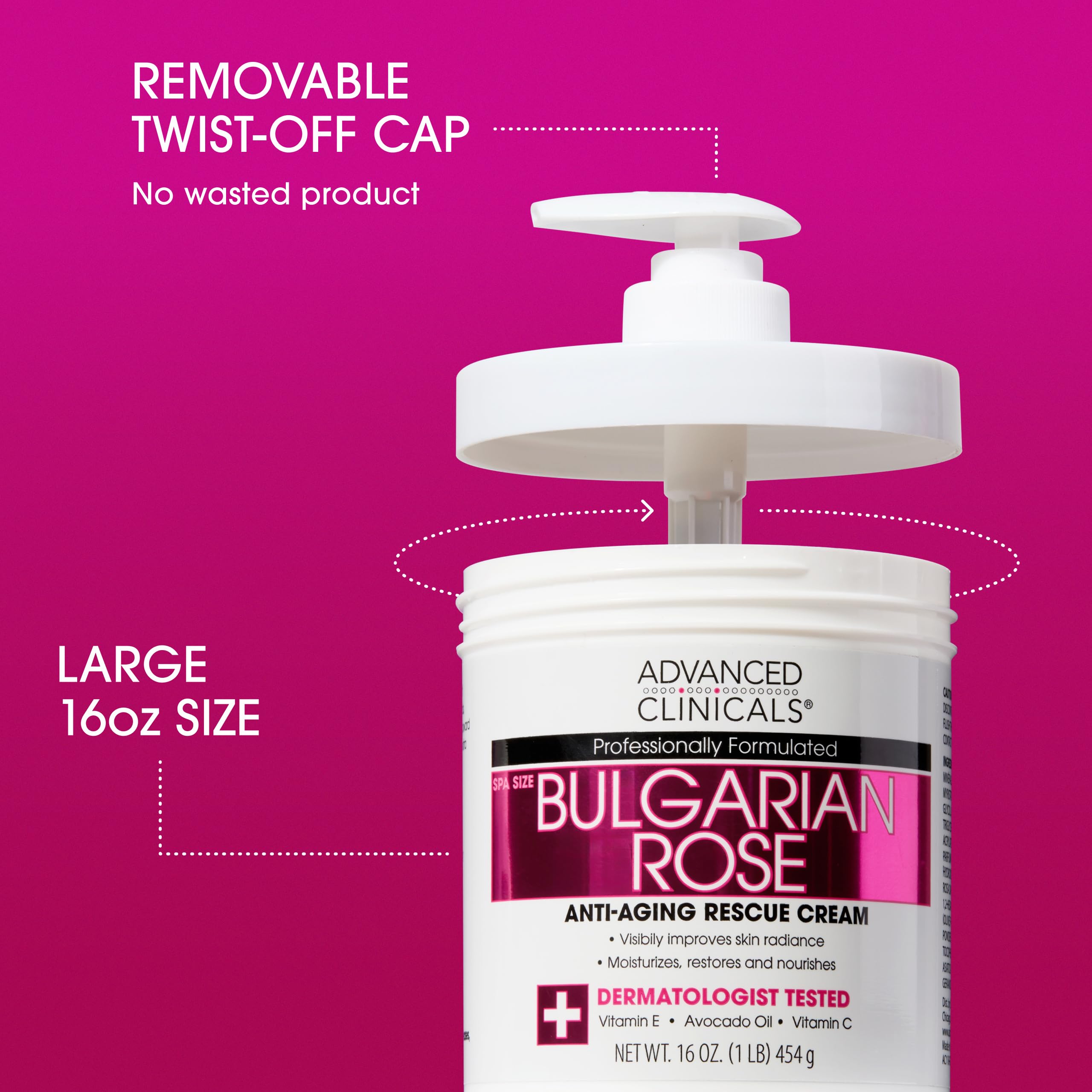 Advanced Clinicals crema corporal rosa búlgara, sensación sedosa en la piel.