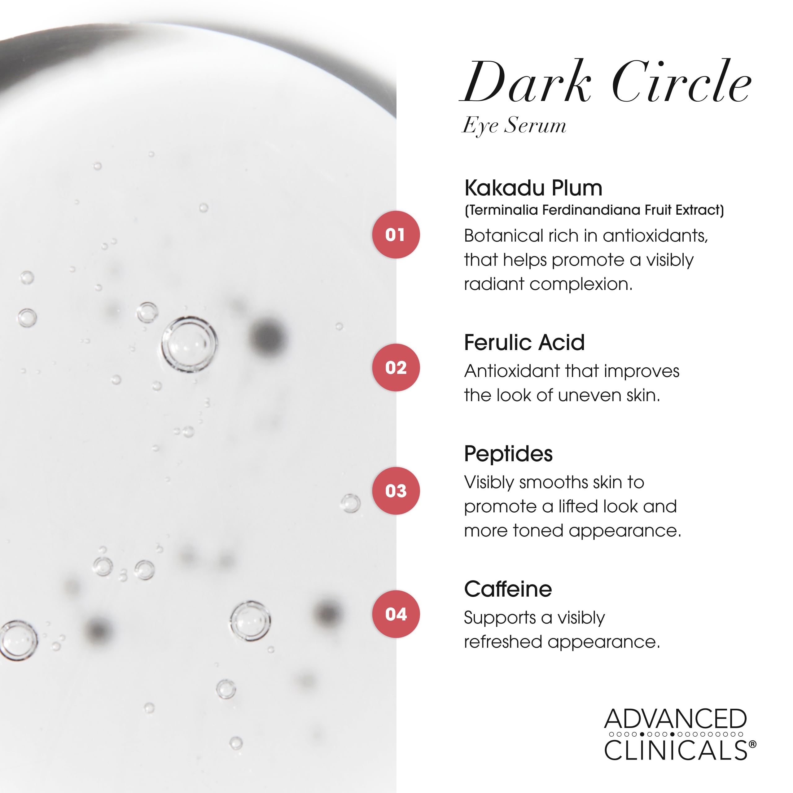 Advanced Clinicals Dark Circle Serum caffeine and peptides shown for daily under-eye care.