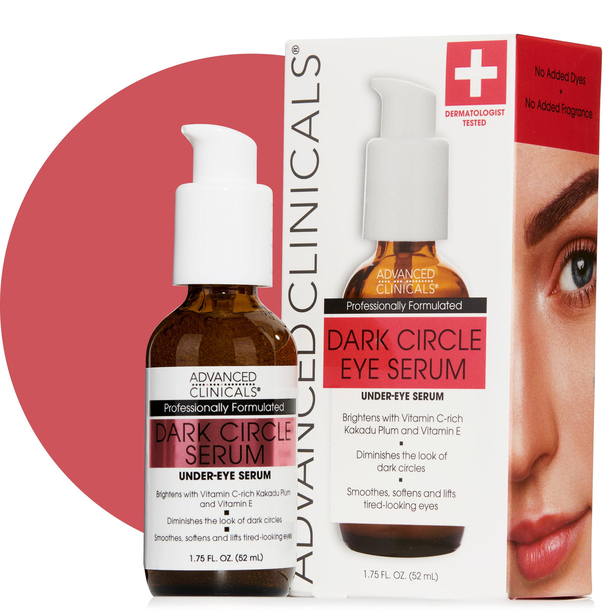 Advanced Clinicals Dark Circle Serum bottle for under-eye use, provides hydration and brighter look.