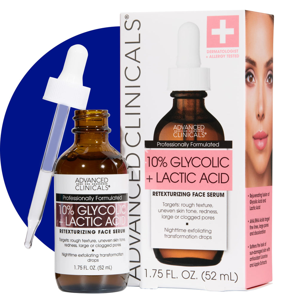 Advanced Clinicals exfoliating serum bottle with glycolic acid for a radiant complexion.
