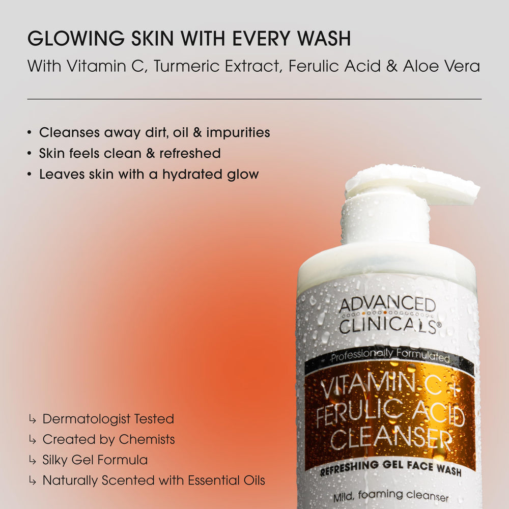 Advanced Clinicals Limpiador de Vitamina C, textura sedosa, limpieza sin resecar.