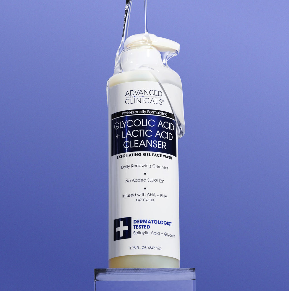 Advanced Clinicals Glycolic Face Wash packaging shot highlights size and branding.