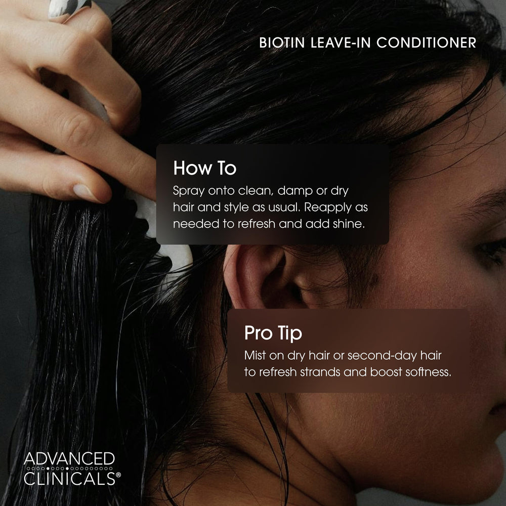 Advanced Clinicals Hair Spray close-up focuses on flyaway control and split ends.