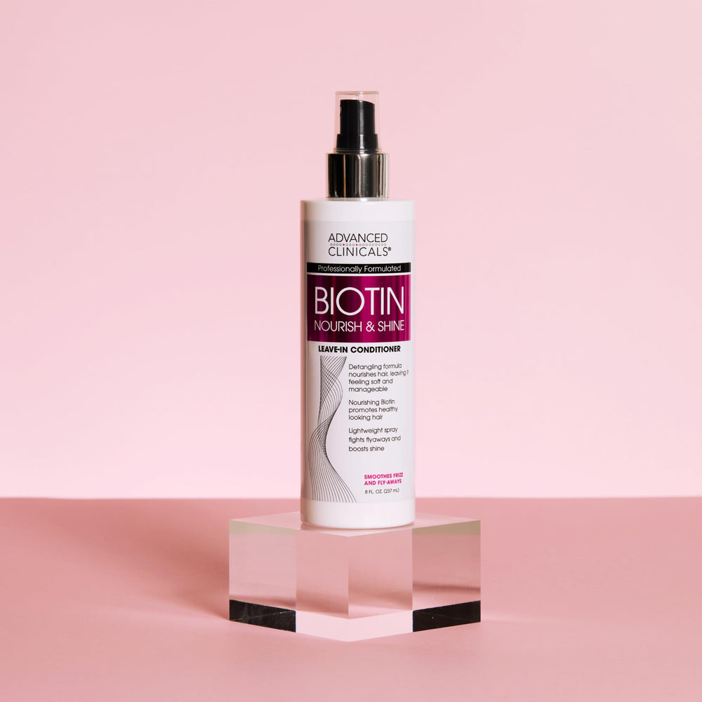 Advanced Clinicals Hair Spray on model shows smooth, glossy hair after styling.