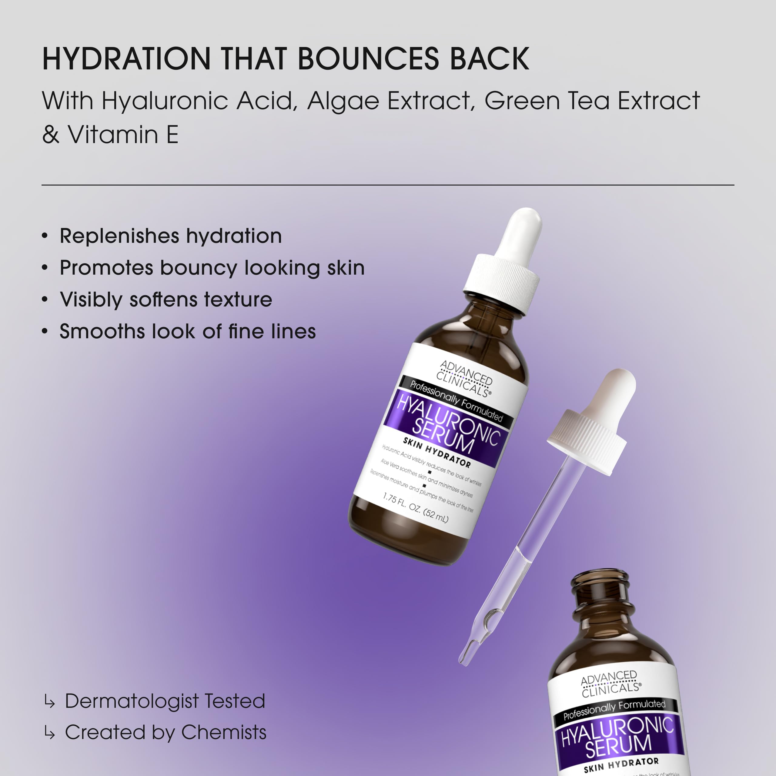 Advanced Clinicals Hyaluronic Acid Serum being applied to clean skin for hydration.