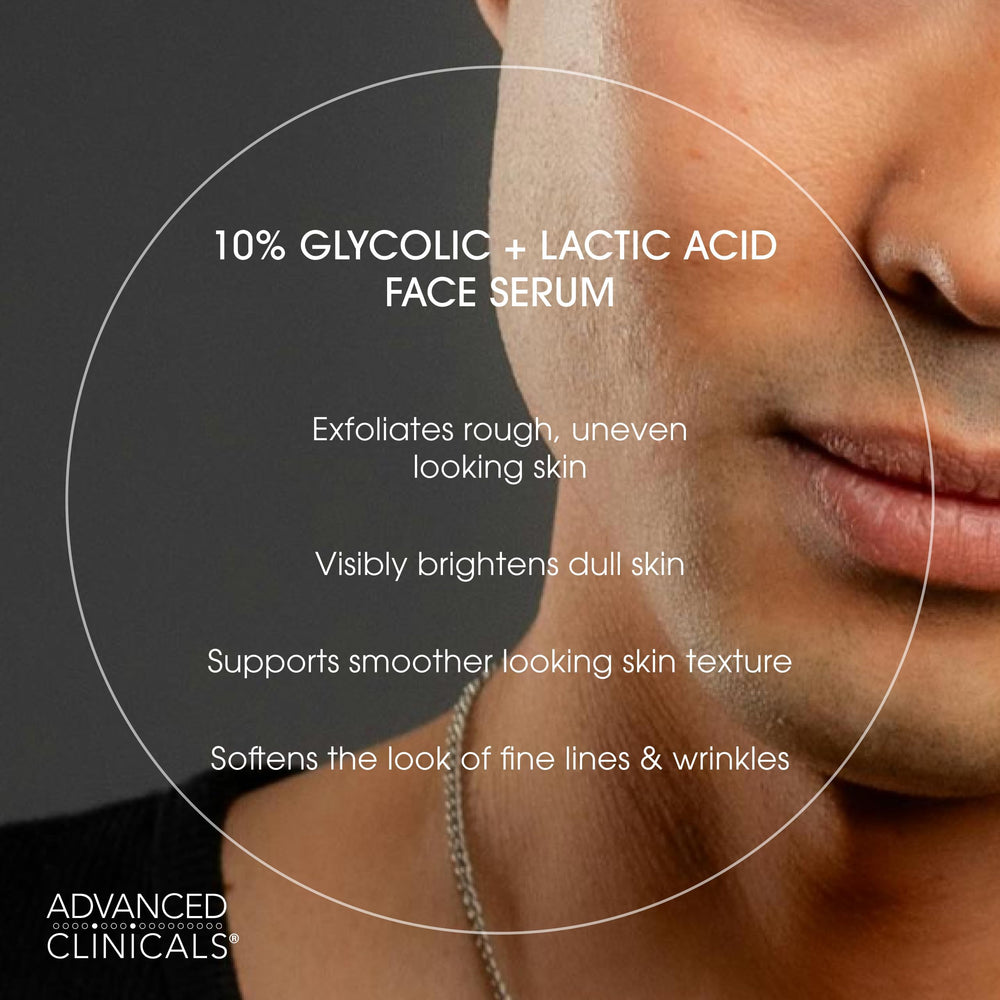 Advanced Clinicals glycolic and lactic acid complex with licorice root on label.