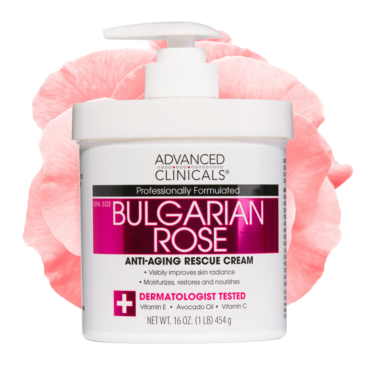 Advanced Clinicals, botella de loción rosa búlgara, hidrata la piel seca.