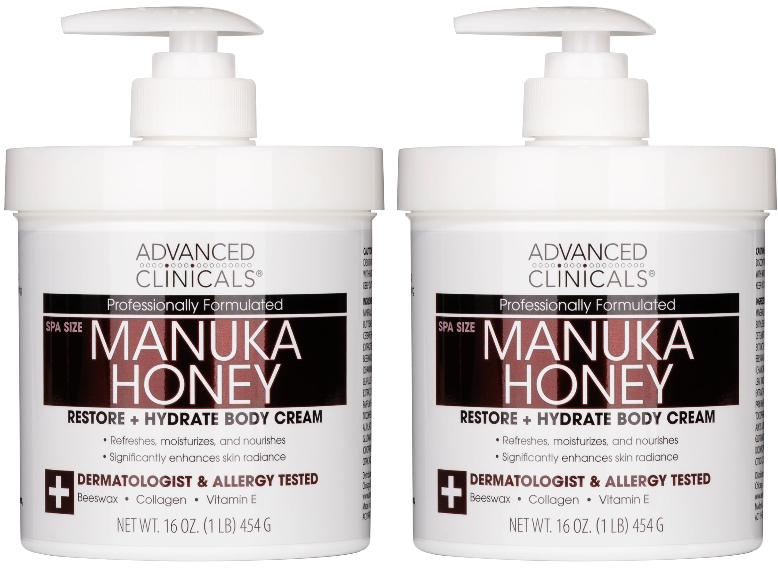 Advanced Clinicals Manuka Honey Body Cream en envase, hidratación diaria para piel seca.