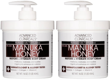 Advanced Clinicals Manuka Honey Body Cream en envase, hidratación diaria para piel seca.