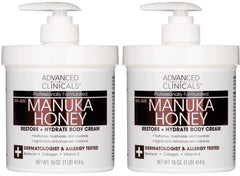 Advanced Clinicals Manuka Honey Body Cream en envase, hidratación diaria para piel seca.