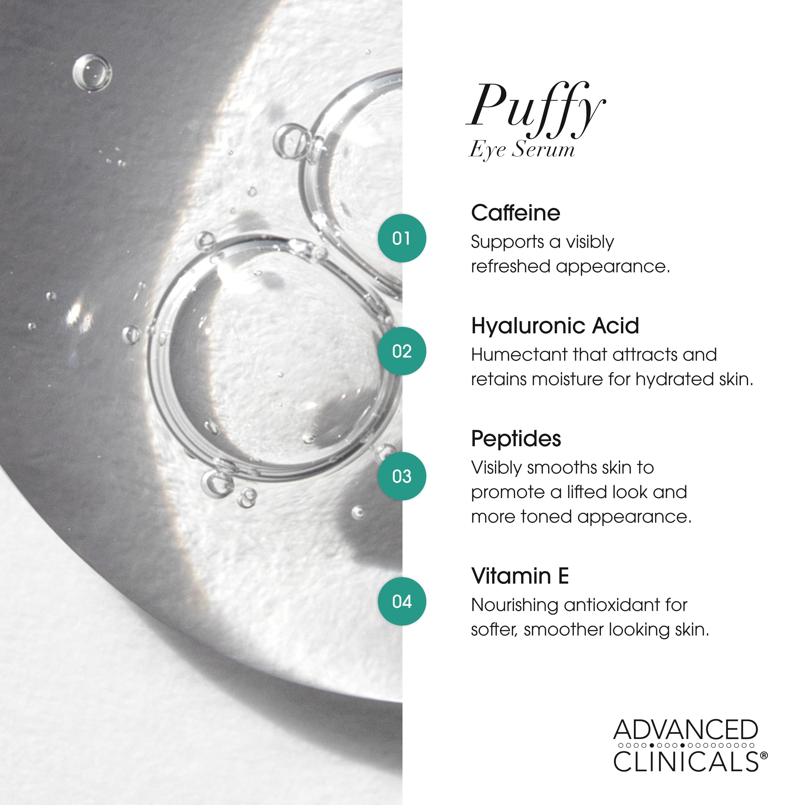 Advanced Clinicals Puffy Eye Serum ingredients caffeine peptides hyaluronic acid for hydration