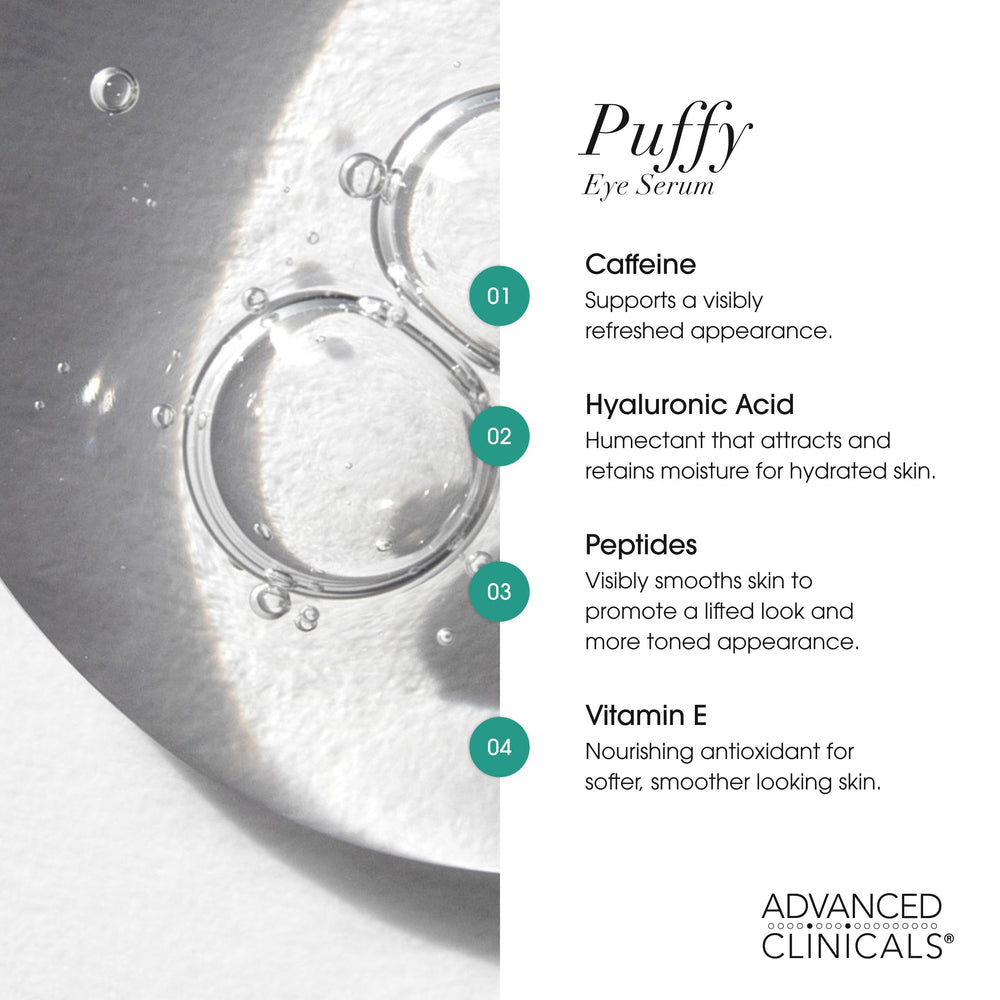 Advanced Clinicals Puffy Eye Serum ingredients caffeine peptides hyaluronic acid for hydration