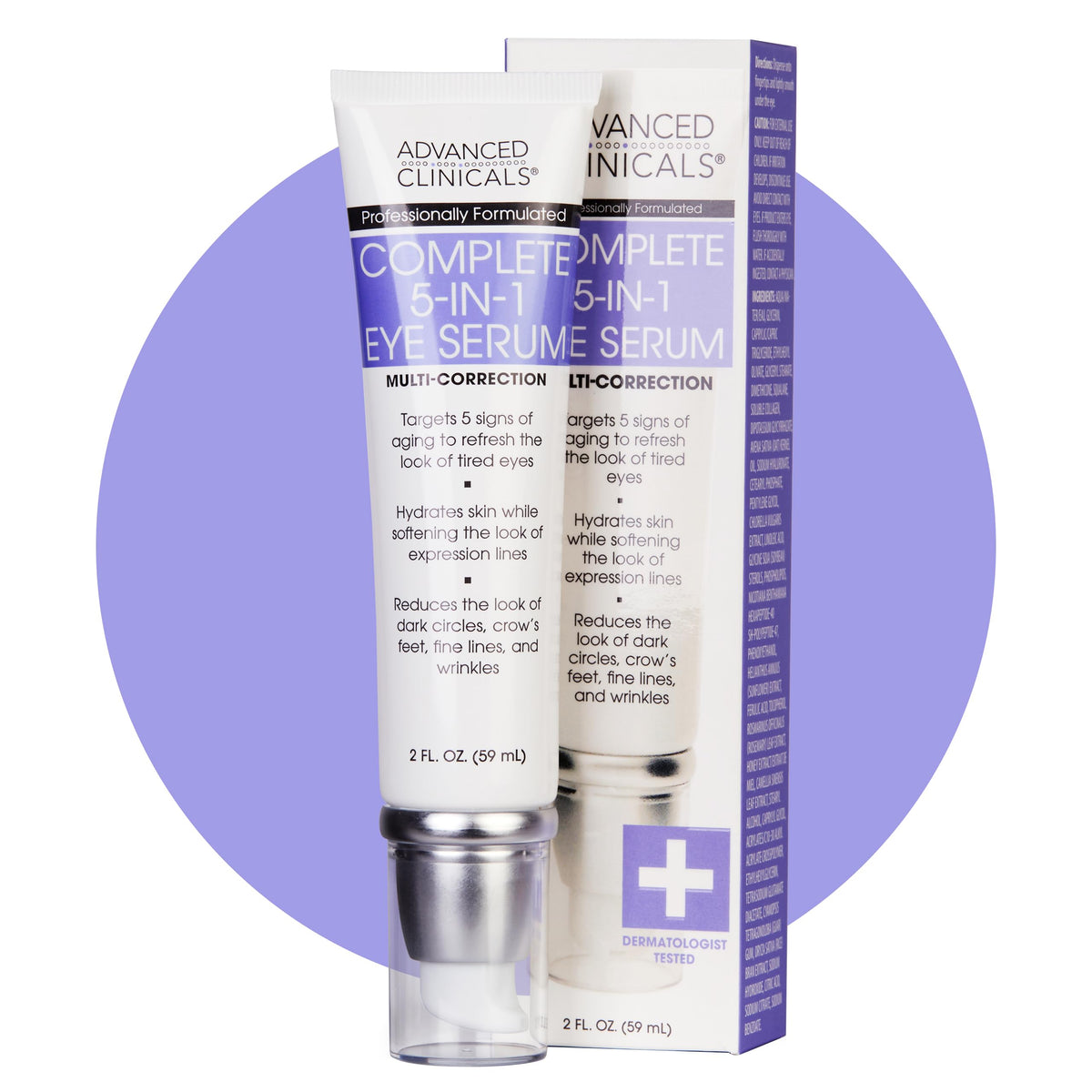 Advanced Clinicals 5-en-1 serum ojos, envase elegante para hidratación diaria.