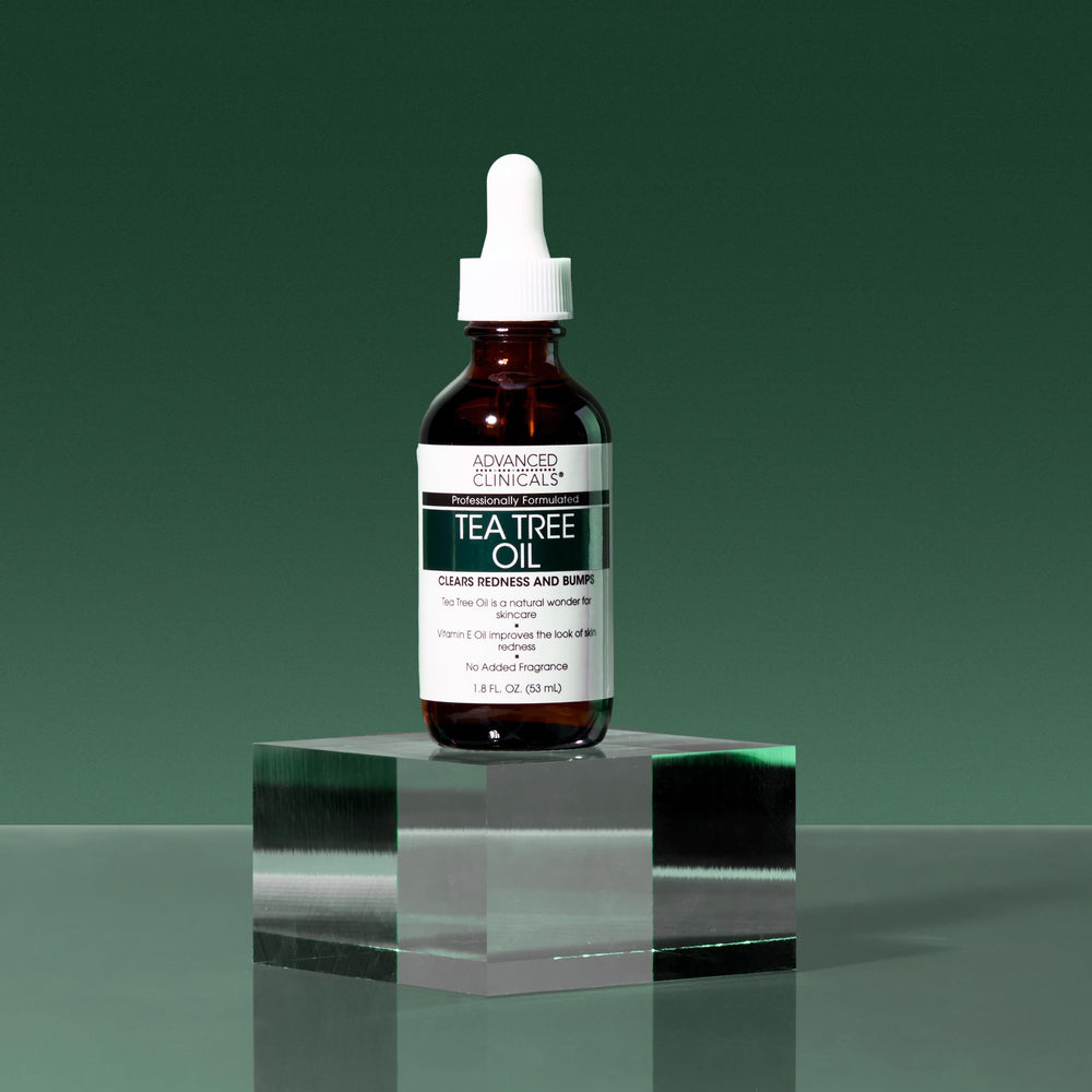 Retail packaging display of Advanced Clinicals Tea Tree Oil Serum