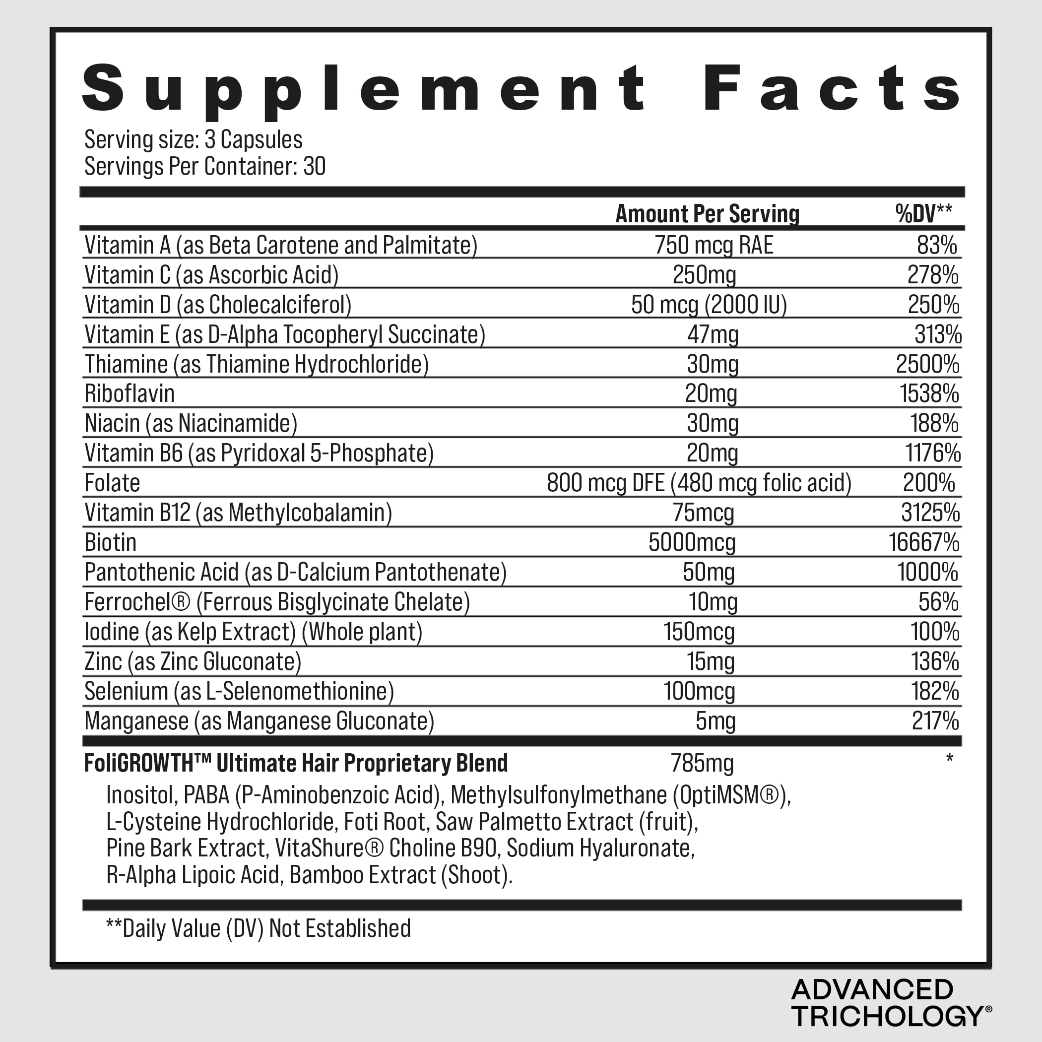 Advanced Trichology FoliGROWTH composición rica en vitaminas y extractos.