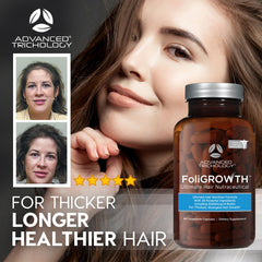Advanced Trichology FoliGROWTH etiqueta del producto destaca ingredientes clave.