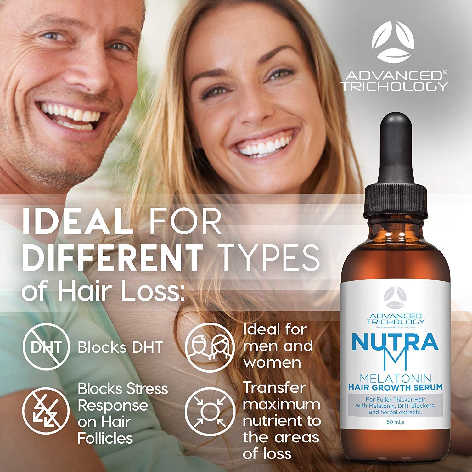 NutraM serum aplicación en el cabello con adherencia suave y rápida absorción.