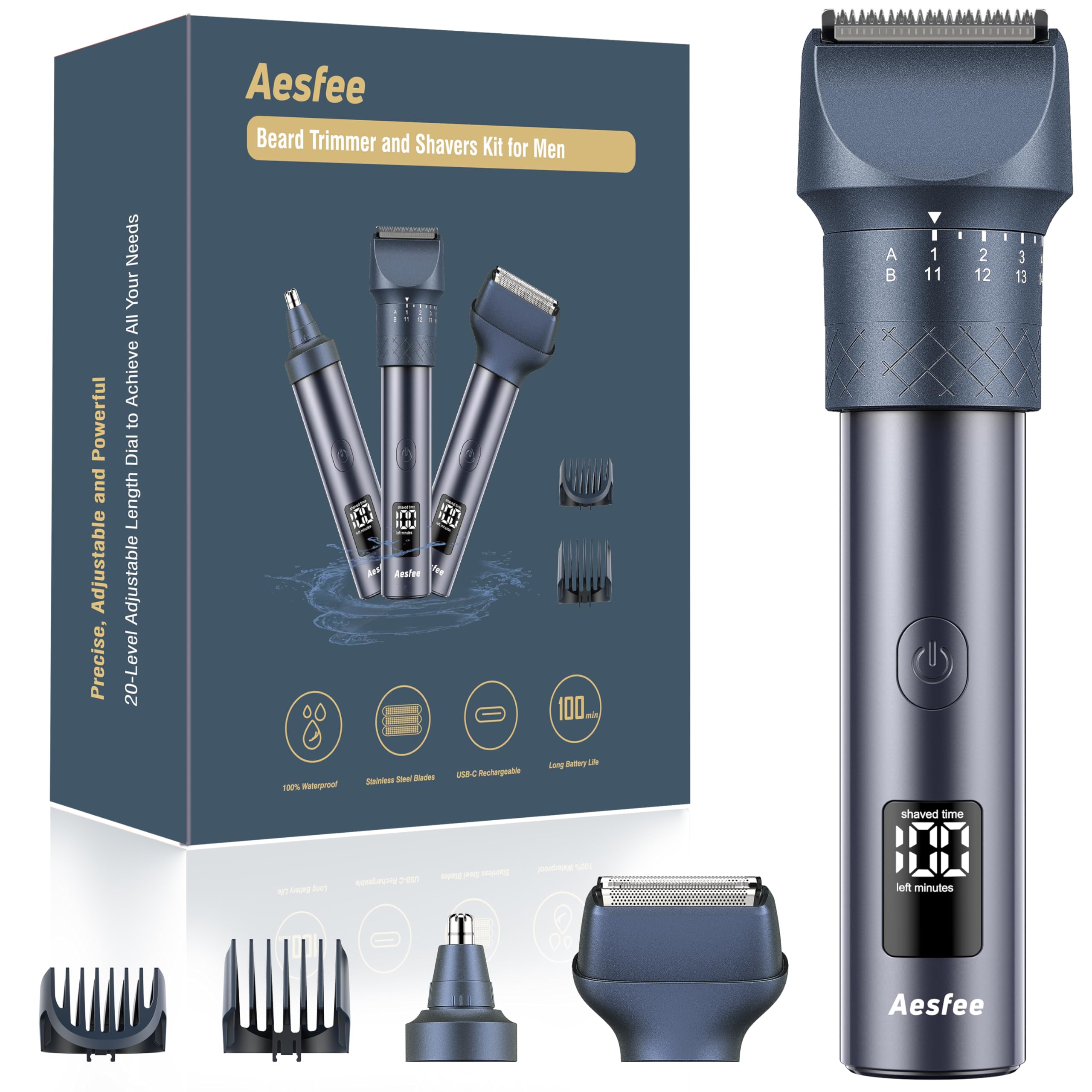 Ensemble Aesfee rasoir barbe tondeuse 3-en-1 en action.