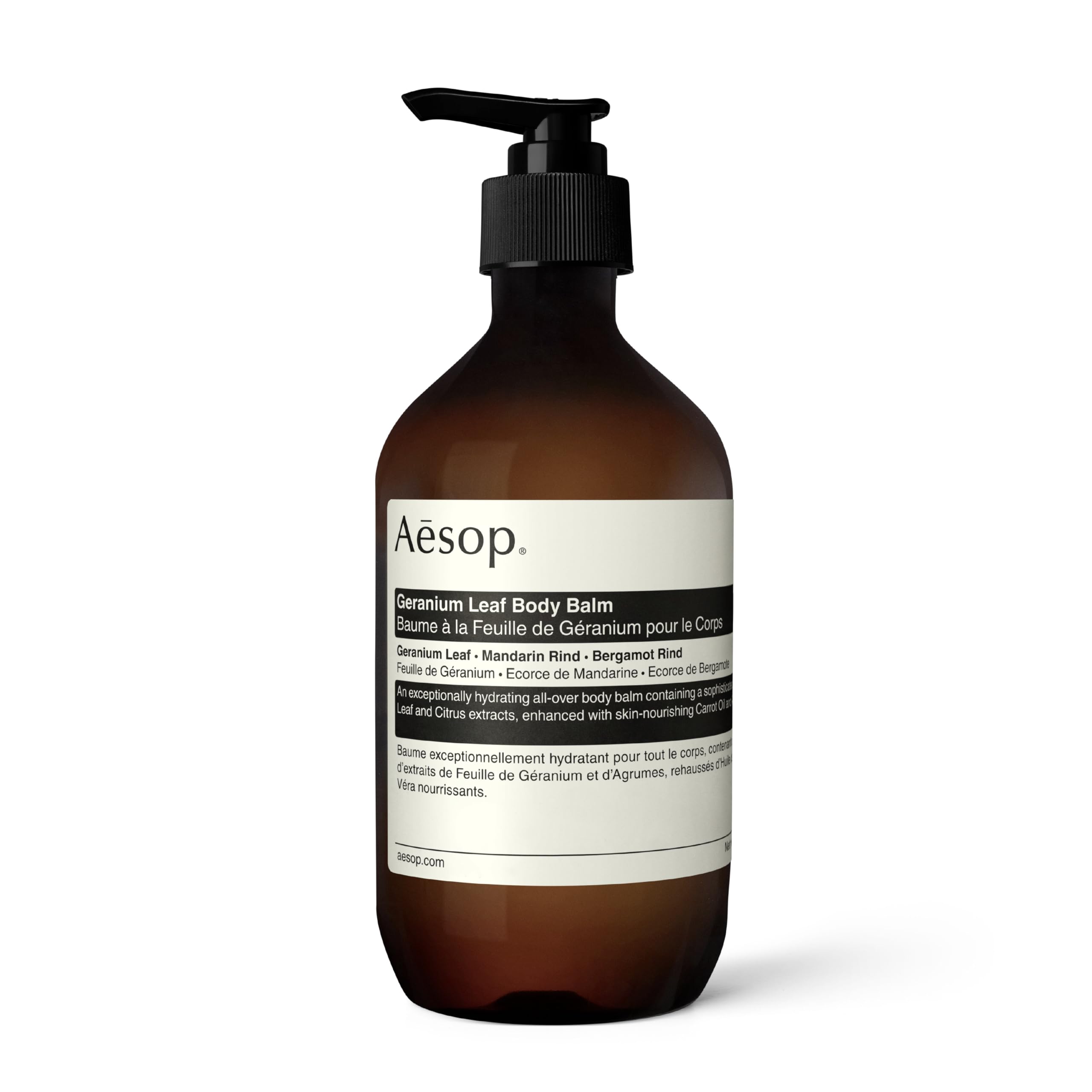 Bálsamo corporal Aesop con hoja de geranio para hidratación suave.