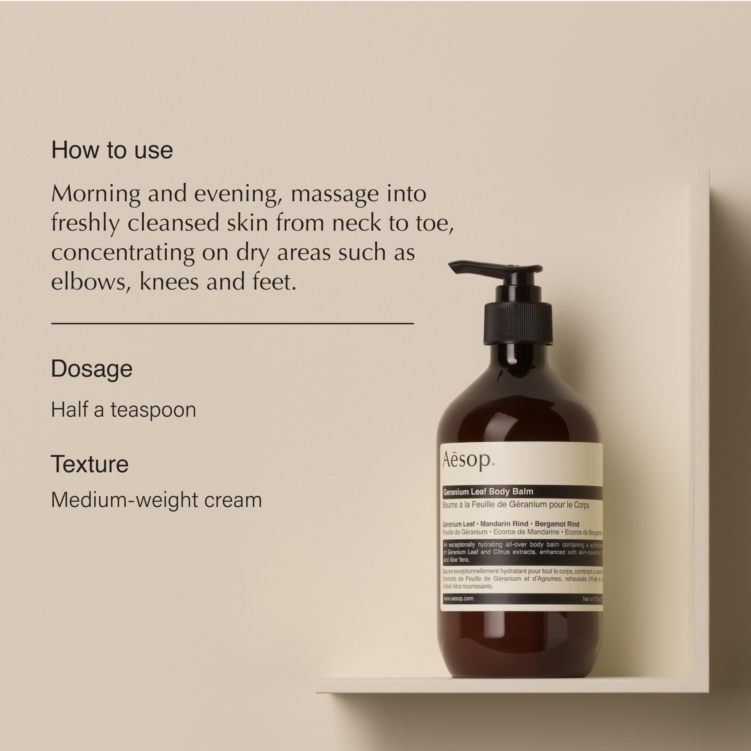 Bálsamo corporal Aesop con ralladura de mandarina para aroma cítrico y piel suave.