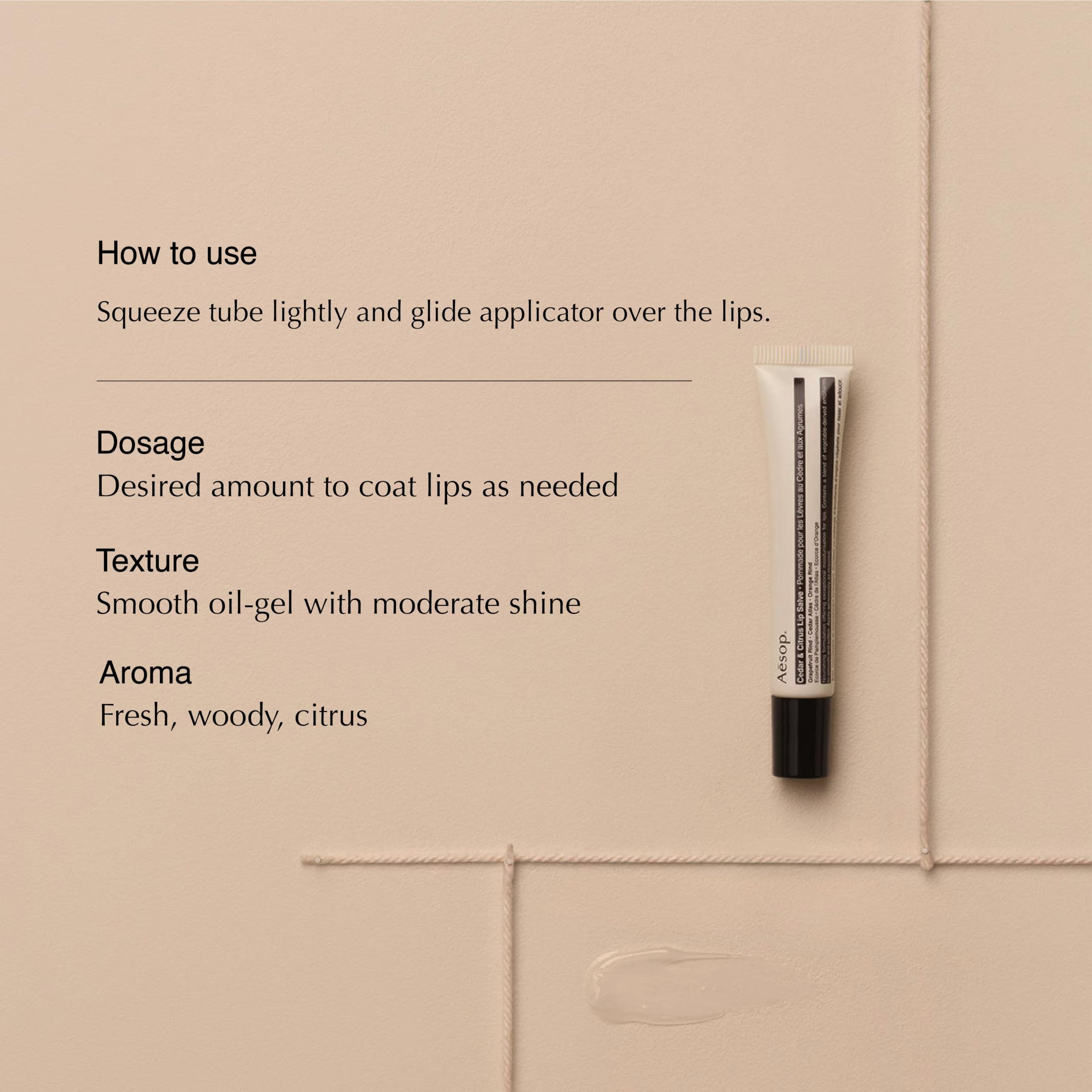 Textura aceite-gel del balsamo labial Aesop con brillo moderado