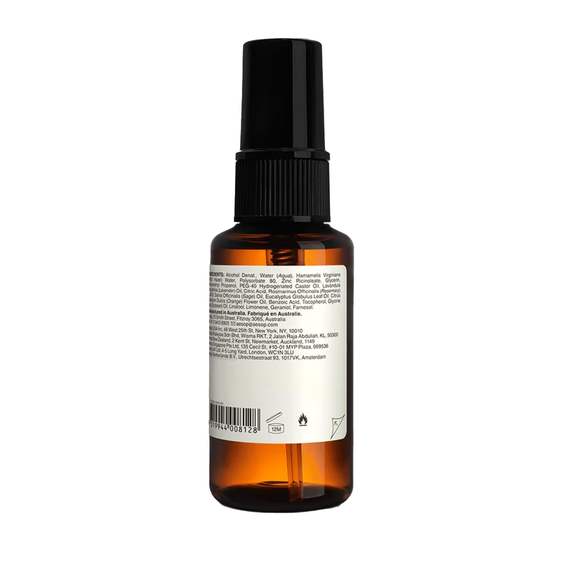 Aesop desodorante herbal en aerosol, aroma herbáceo y camforado.
