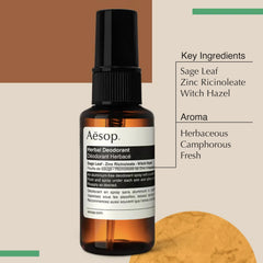 Aesop desodorante herbal con hojas de salvia, aroma natural y refrescante.