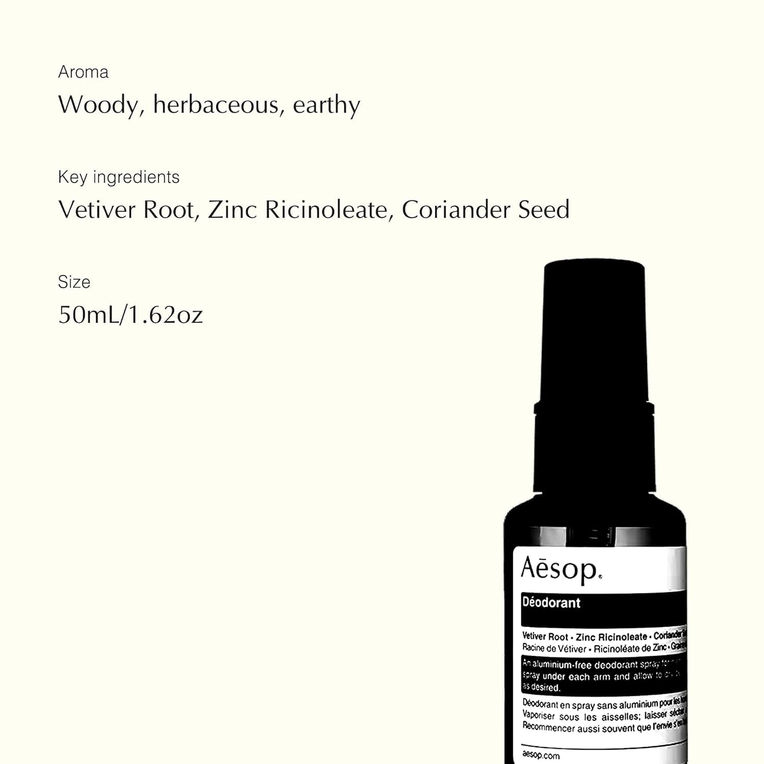 Envase reciclado de Aesop Desodorante Spray destaca compromiso ecológico.