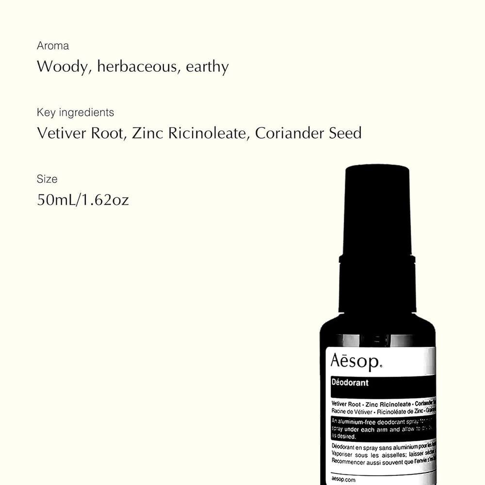 Envase reciclado de Aesop Desodorante Spray destaca compromiso ecológico.