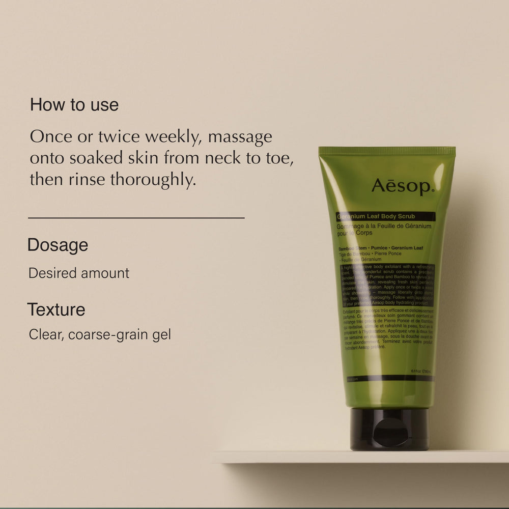 Aesop exfoliante corporal con gránulos de pumita para renovar la piel.