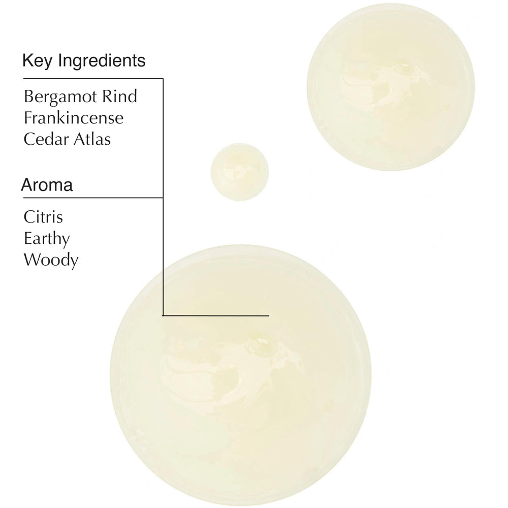 Gros plan sur encens et panthénol dans le shampoing Aesop