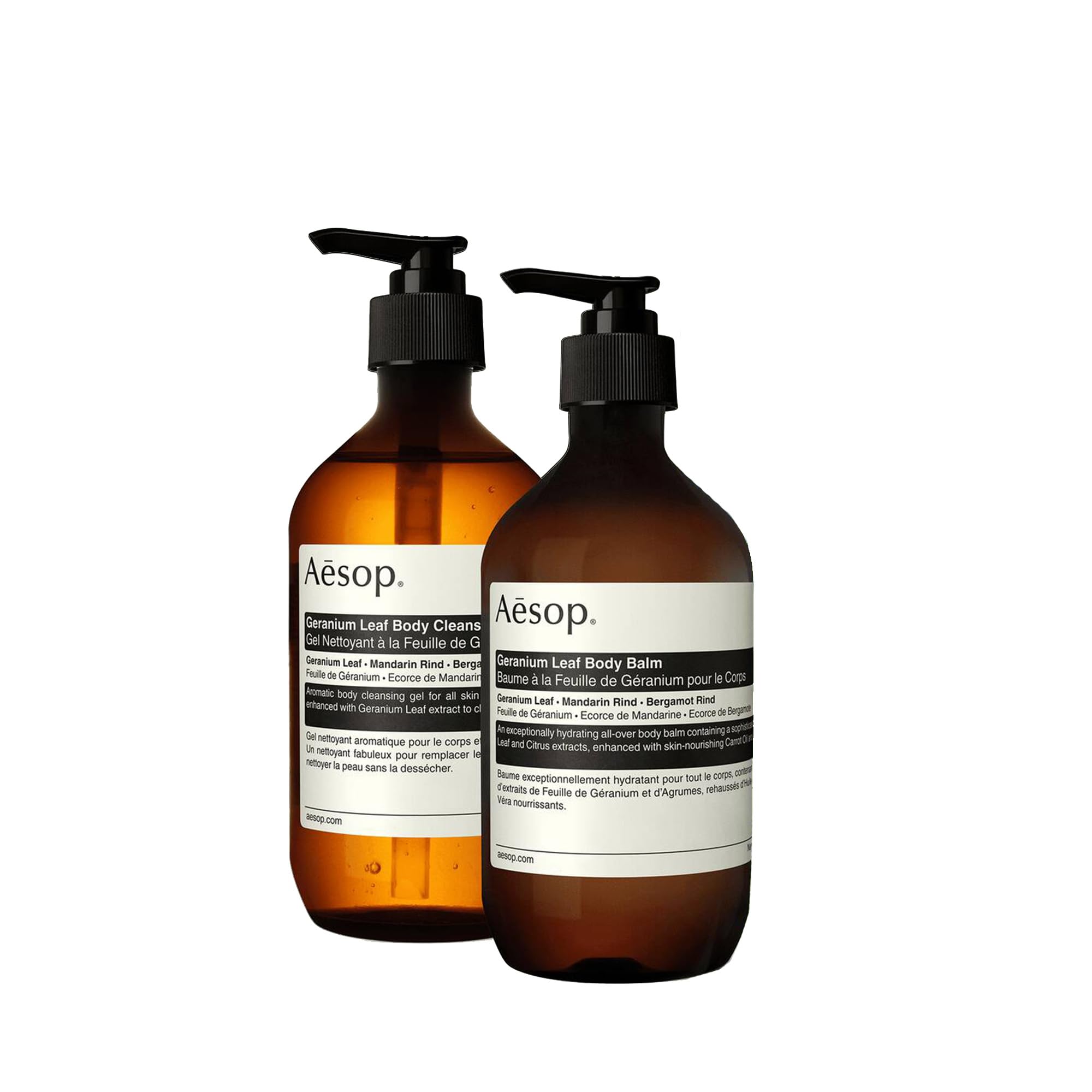Aesop limpiador corporal de hoja de geranio, botella visible, limpia suavemente la piel.