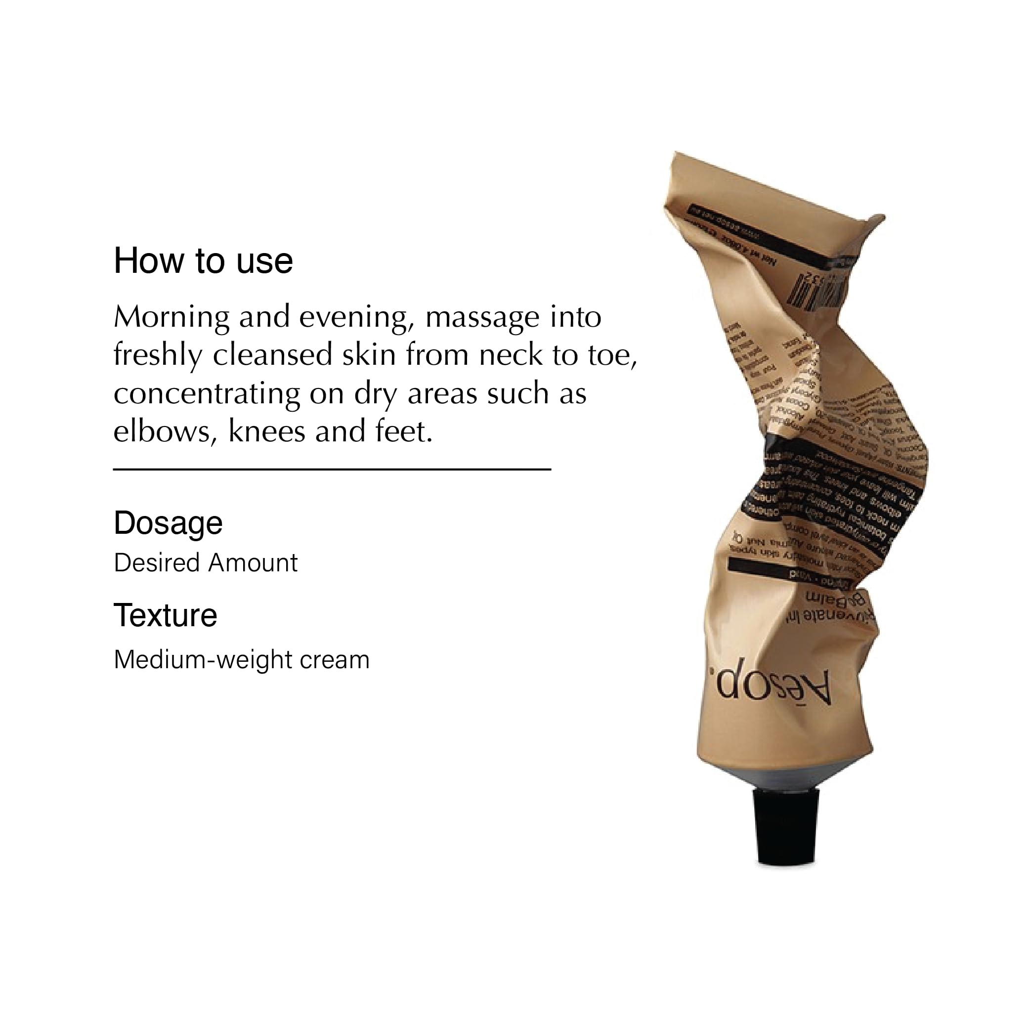 Aesop Rejuvenate Intensive Body Balm textura cremosa lista para aplicar.