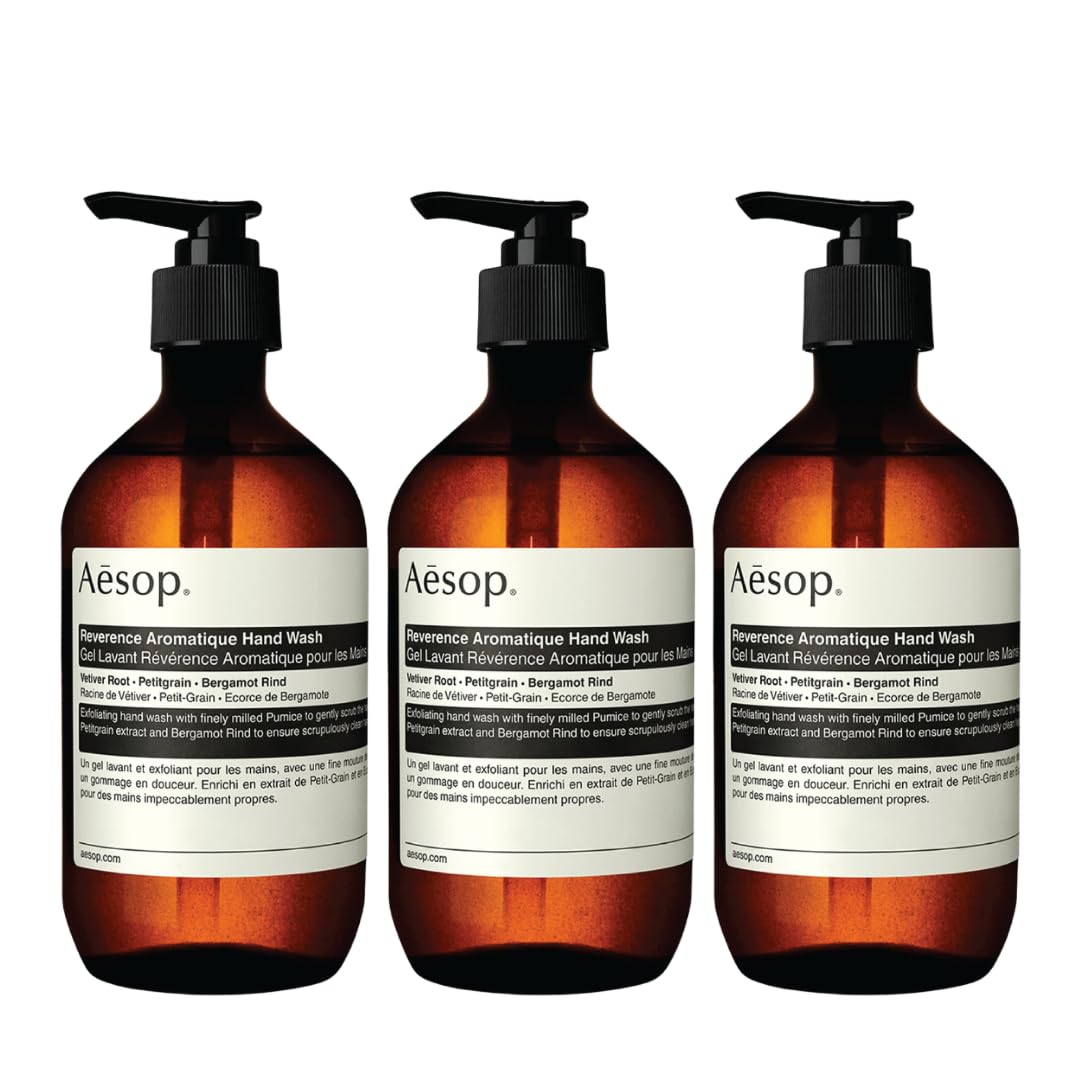Aesop Reverencia Aromática lavado de manos, pack 3, botella visible, cuidado diario suave.